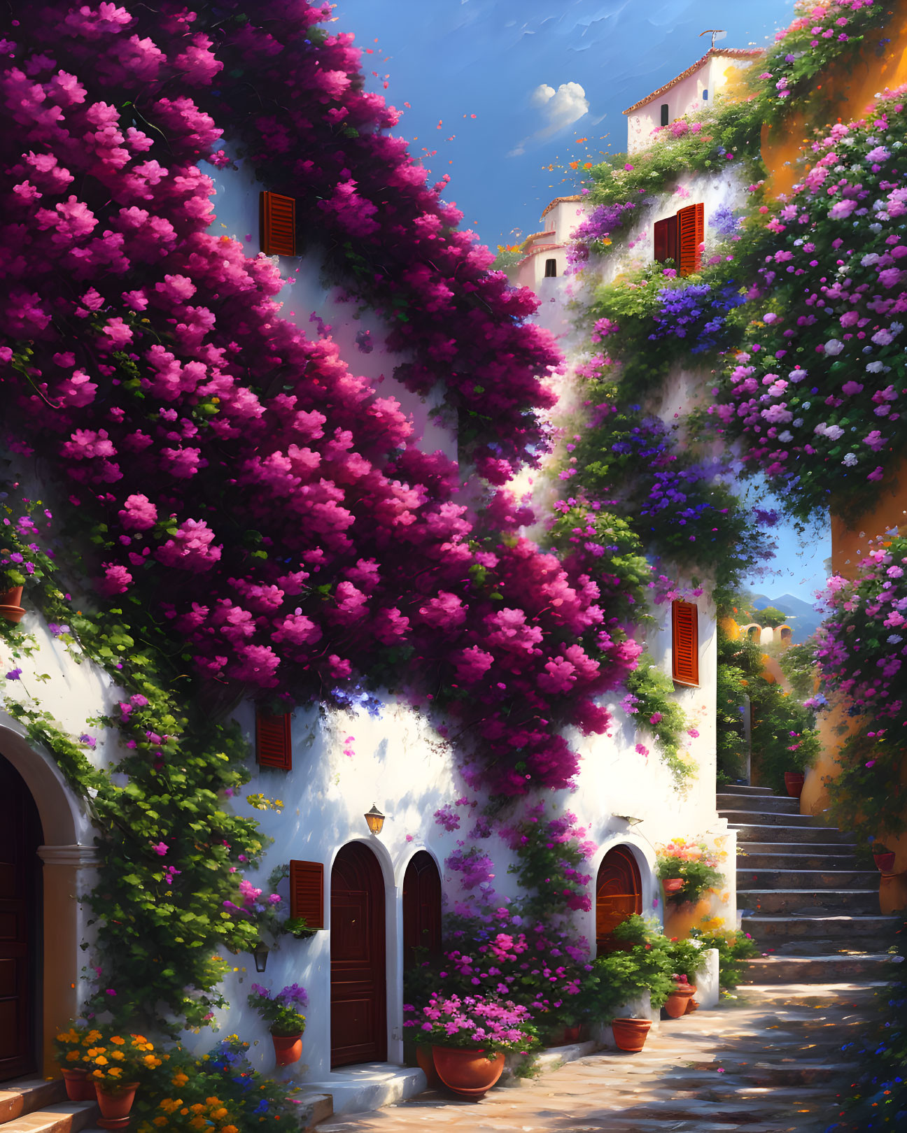 Vibrant purple bougainvillea in sunlit alleyway