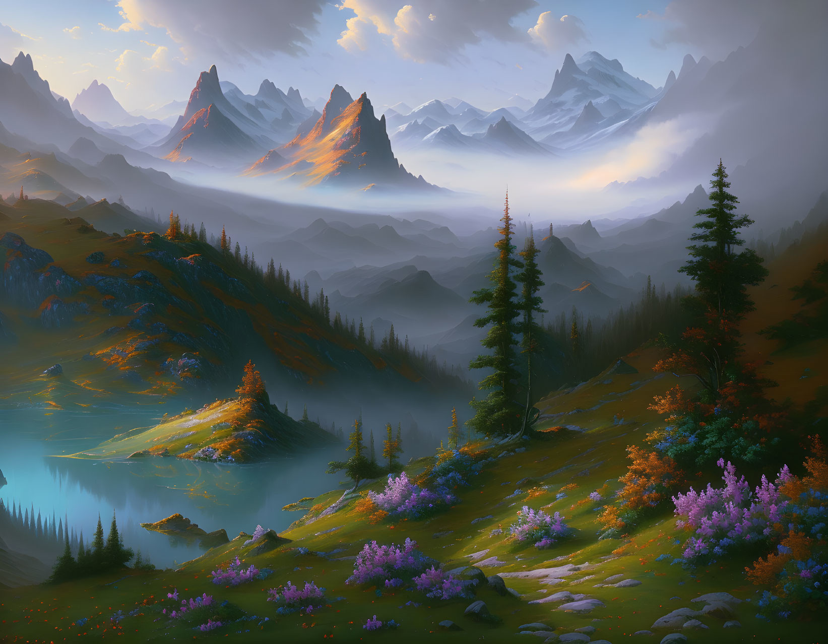 Tranquil lake, misty mountains, lush forests, and vibrant flowers in serene landscape