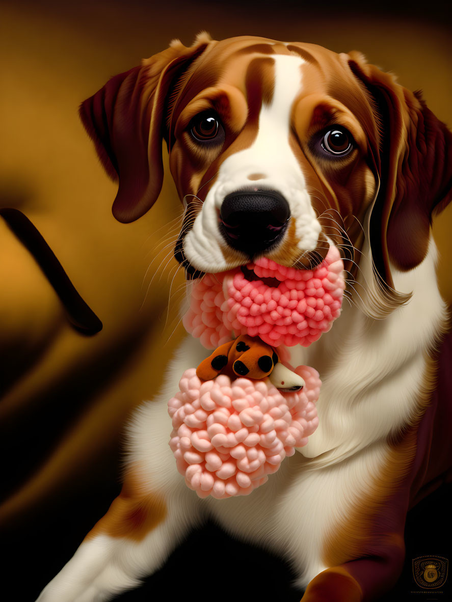 Brown and White Dog Holding Pink Chew Toy with Plush Ladybug