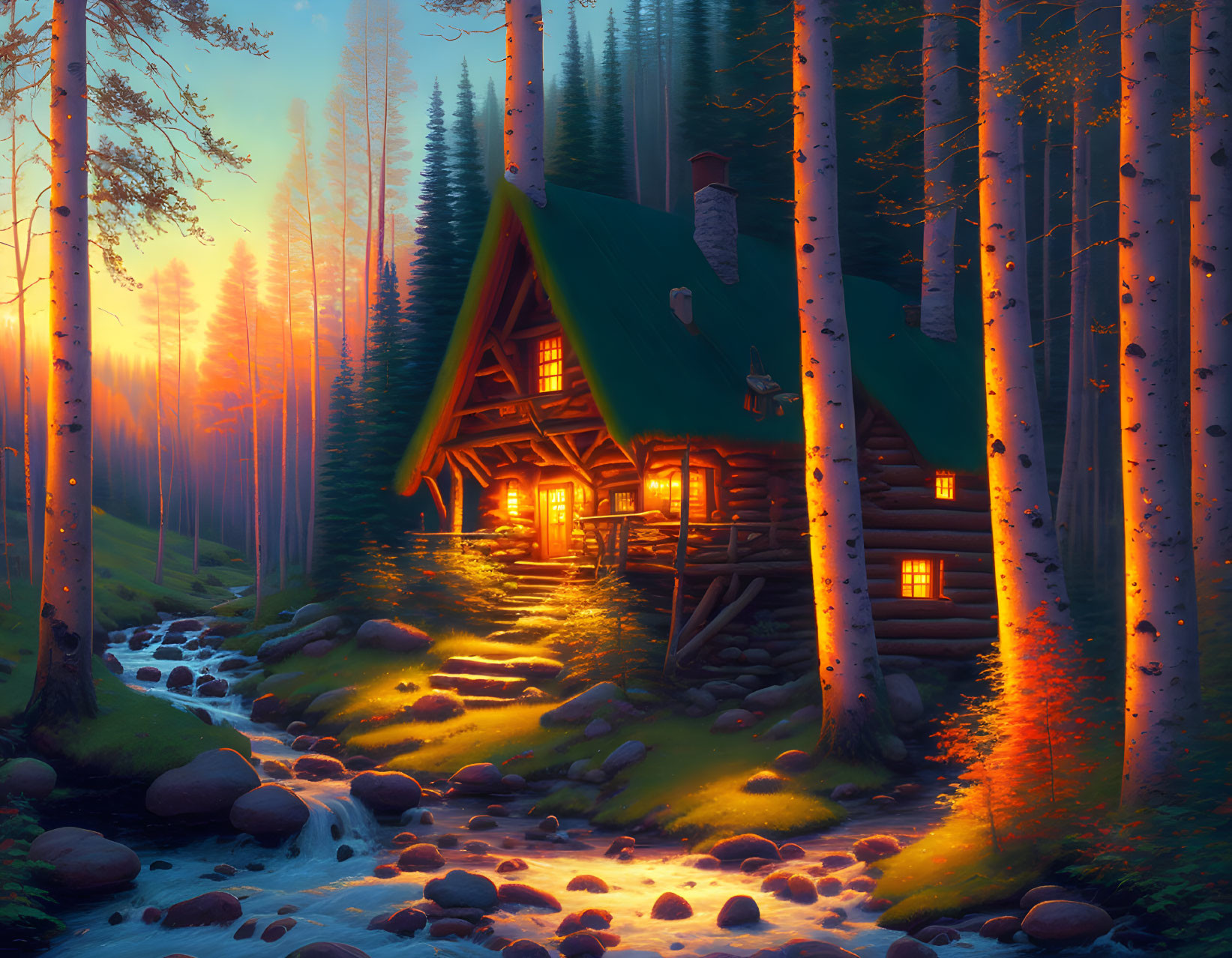Rustic log cabin in forest by stream at sunset
