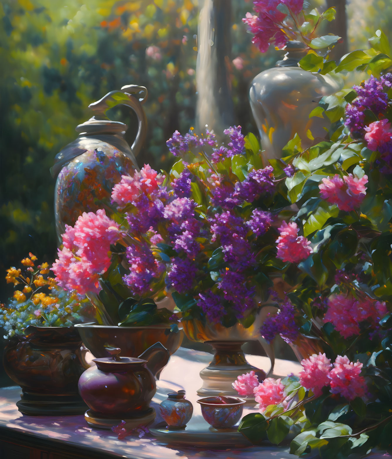 Vibrant bouquet of flowers on sunlit table with pitcher and vases