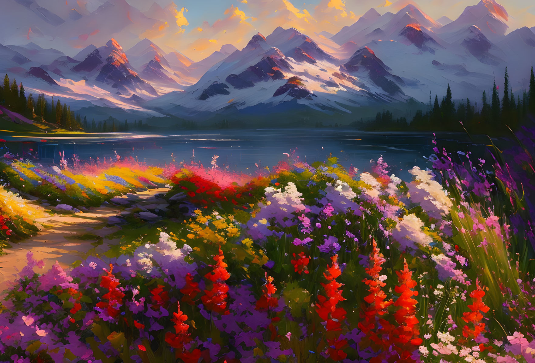 Wildflowers, lake, mountains, and pastel sky at dusk
