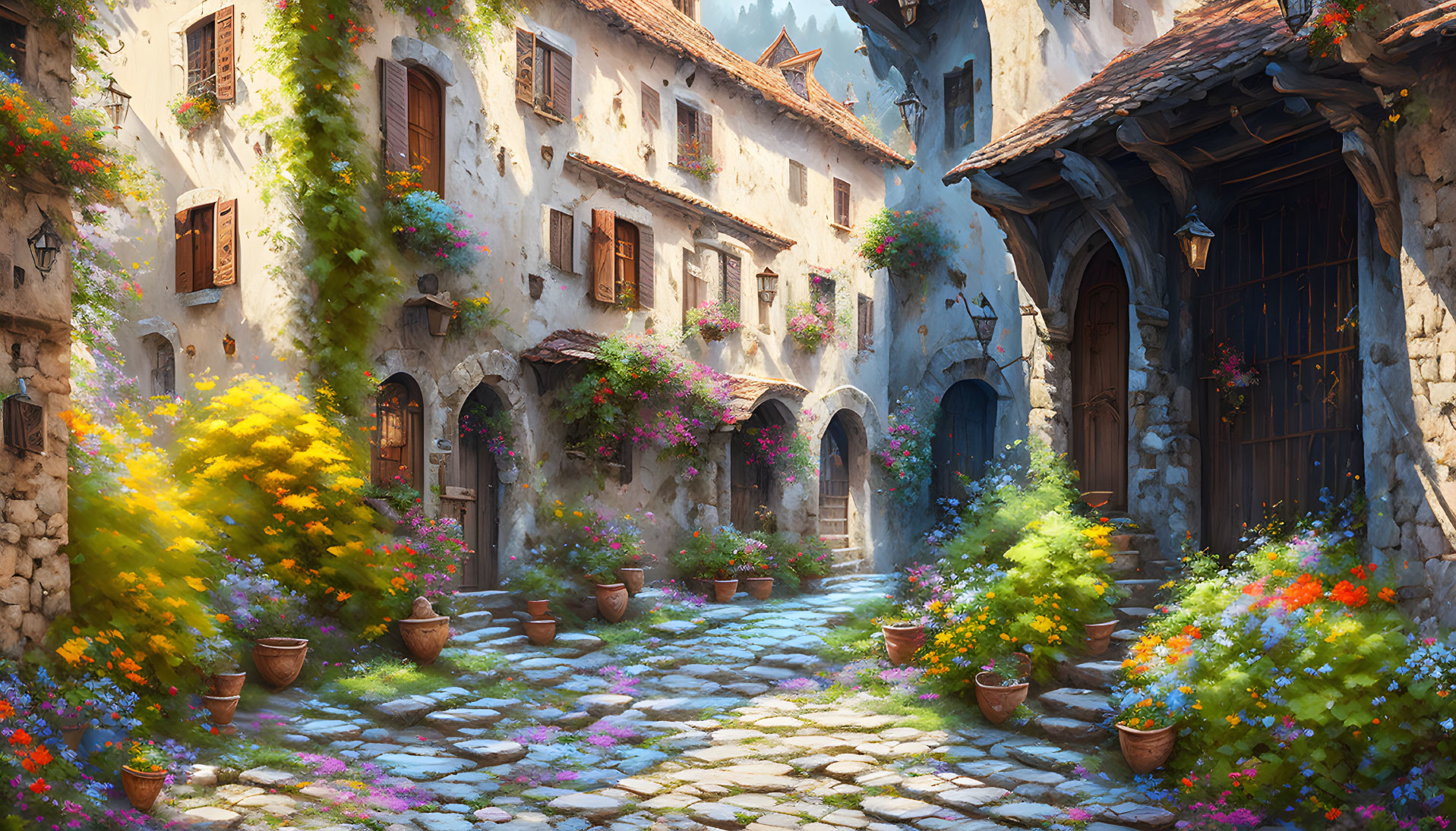 Sunlit cobblestone street in serene European village.