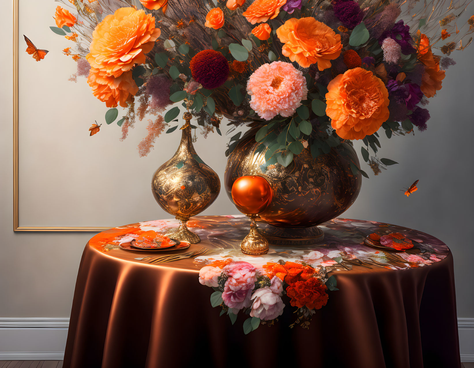 Vibrant Orange and Pink Flowers in Ornate Golden Vase