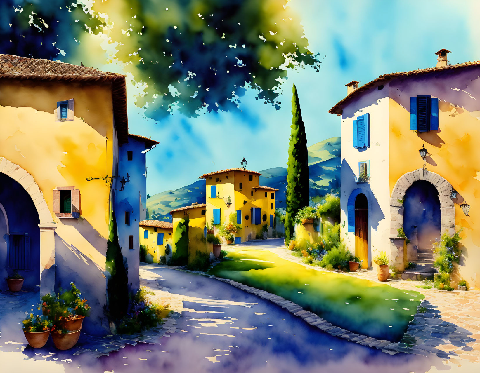 Vibrant painting of a village street with traditional houses and blue sky