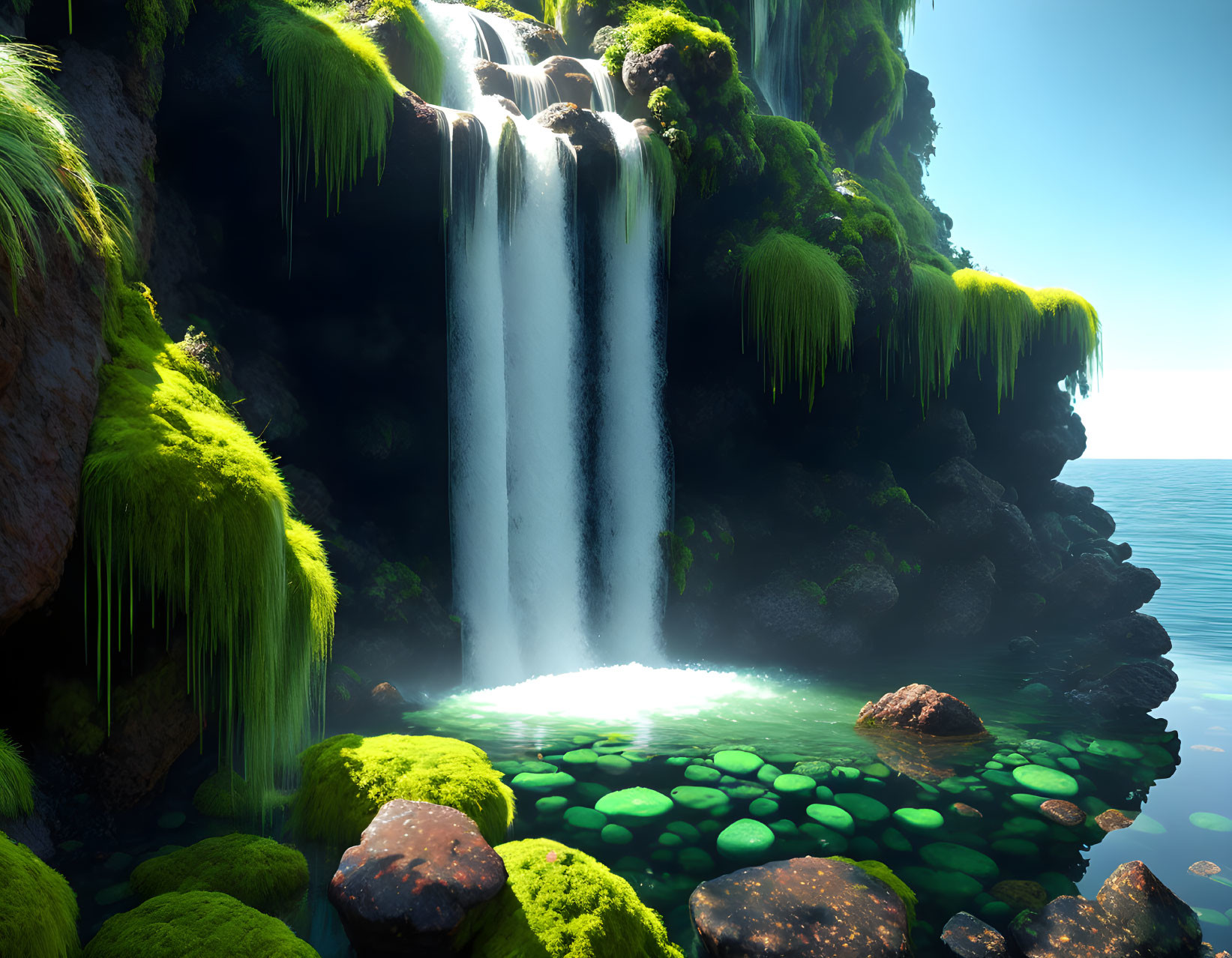 Tranquil waterfall in lush greenery under blue sky