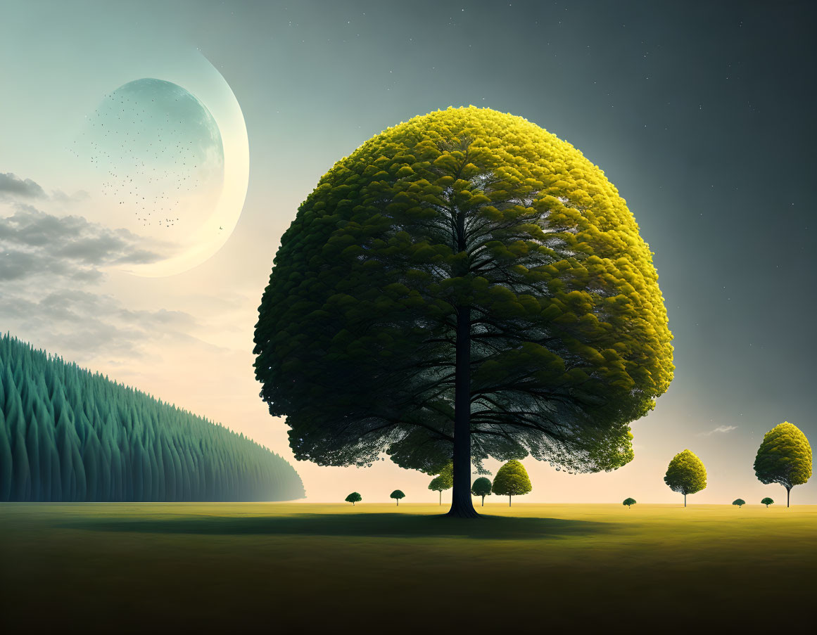 Surreal night landscape with full tree, crescent moon, and forest