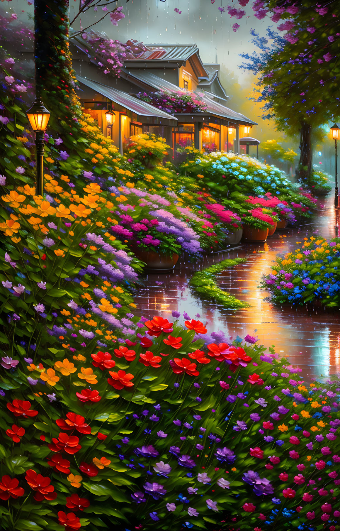 Cozy house with warm lights and colorful flowers on rain-soaked cobblestone path