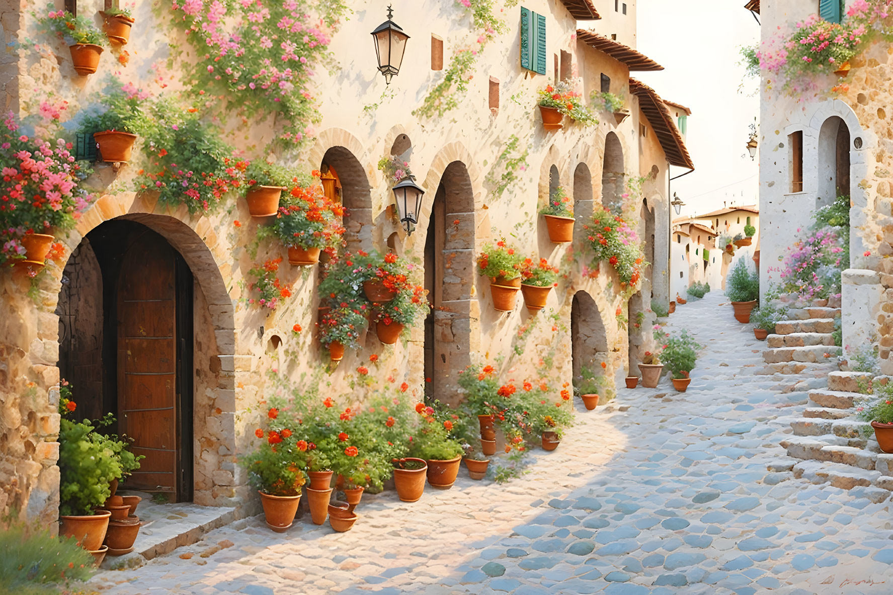 Cobblestone street with blooming flower pots and rustic building façade