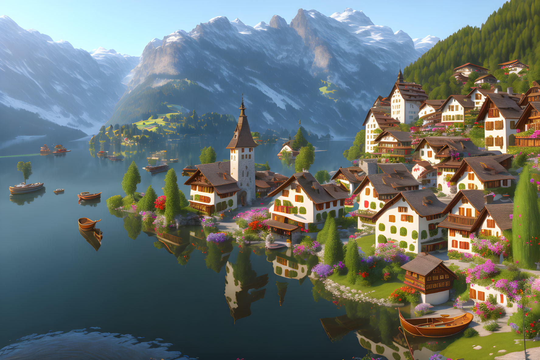 Scenic Alpine village with chalet houses, church, lake, mountains, and flora