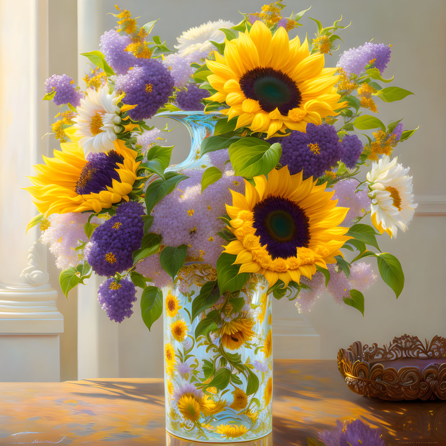 Sunflowers and Purple Flowers in Decorated Vase on Reflective Surface