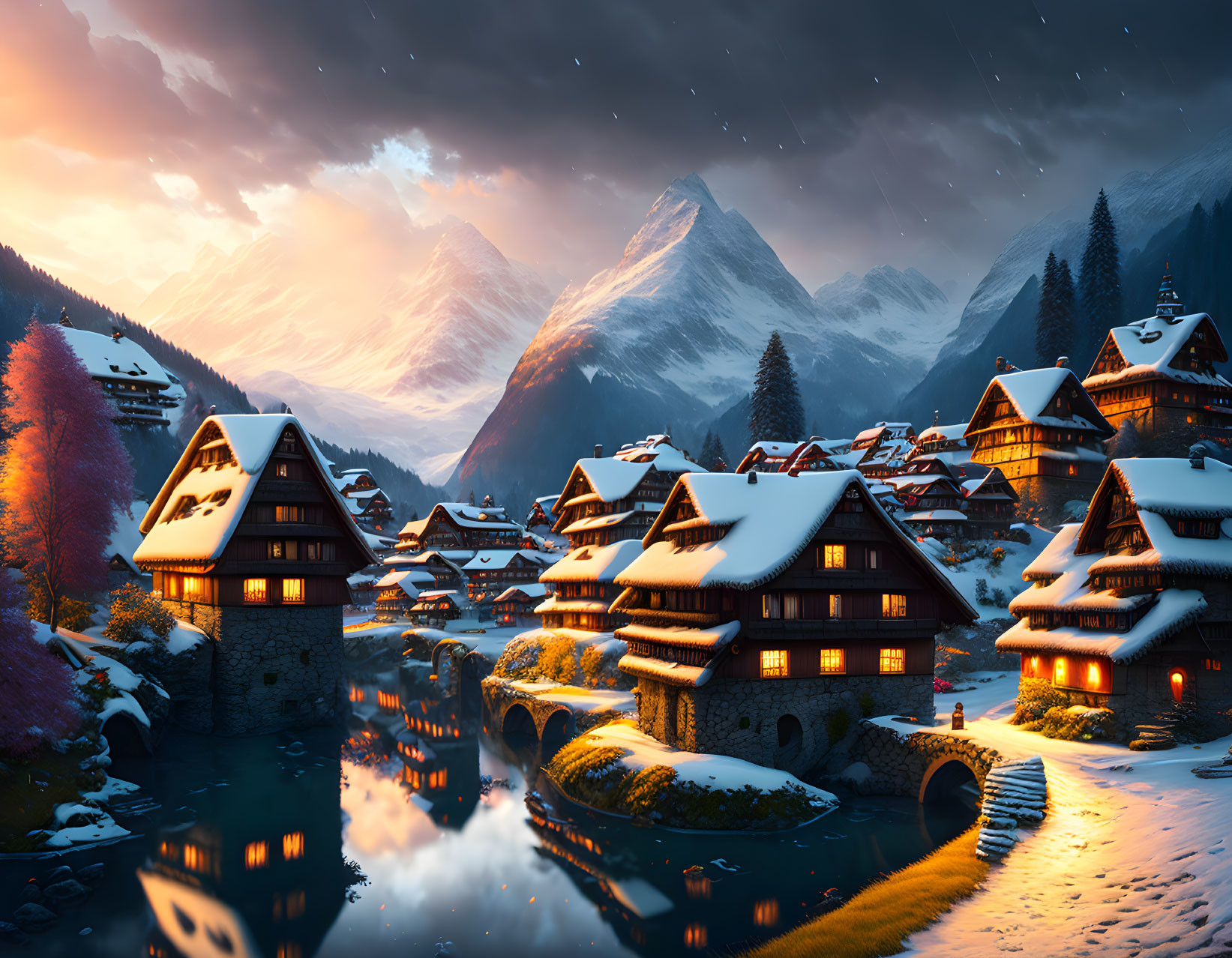 Mountain village at dusk: illuminated houses, snowy peaks, dramatic sky