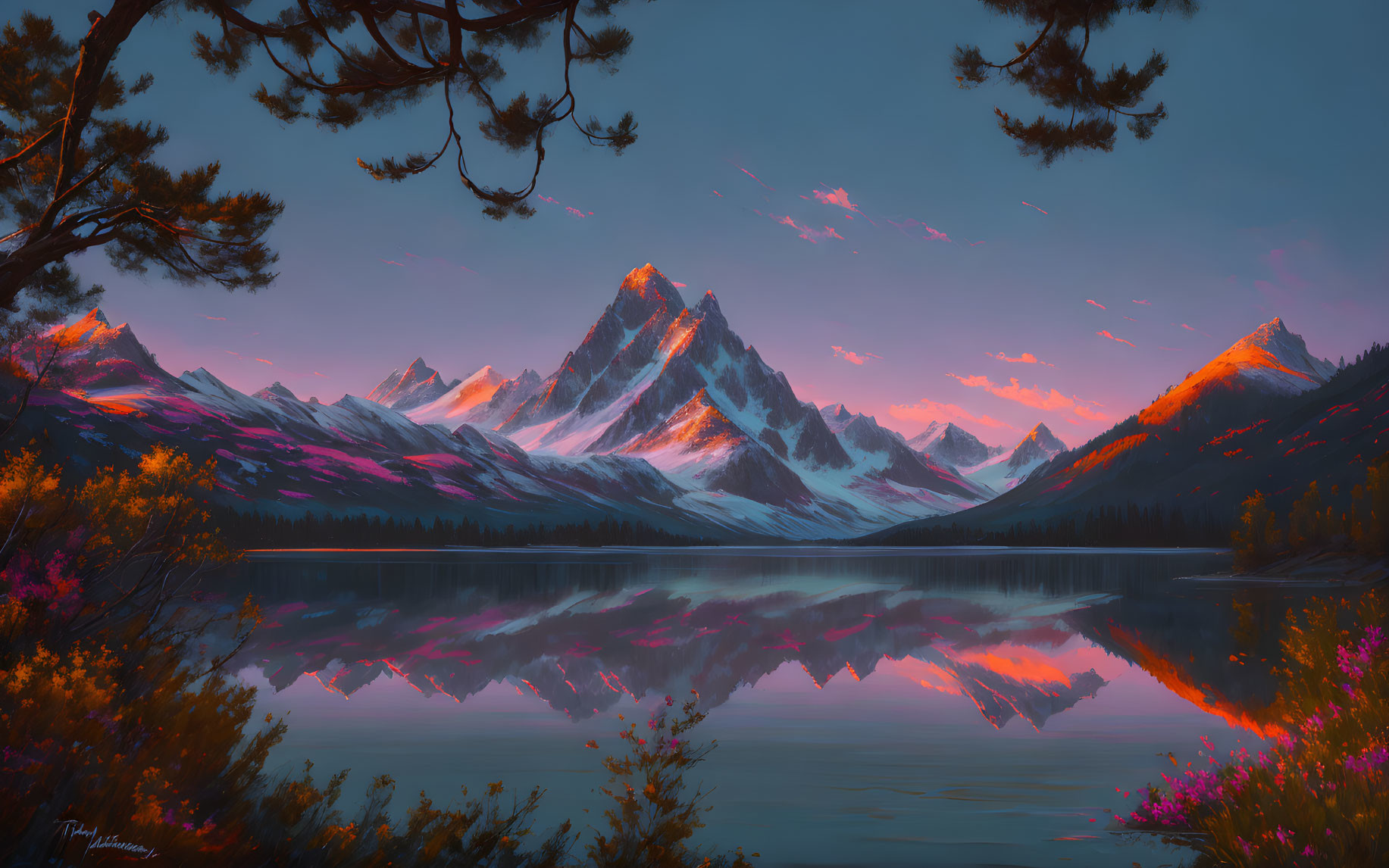 Tranquil sunrise mountain landscape with lake reflections and lush pine trees