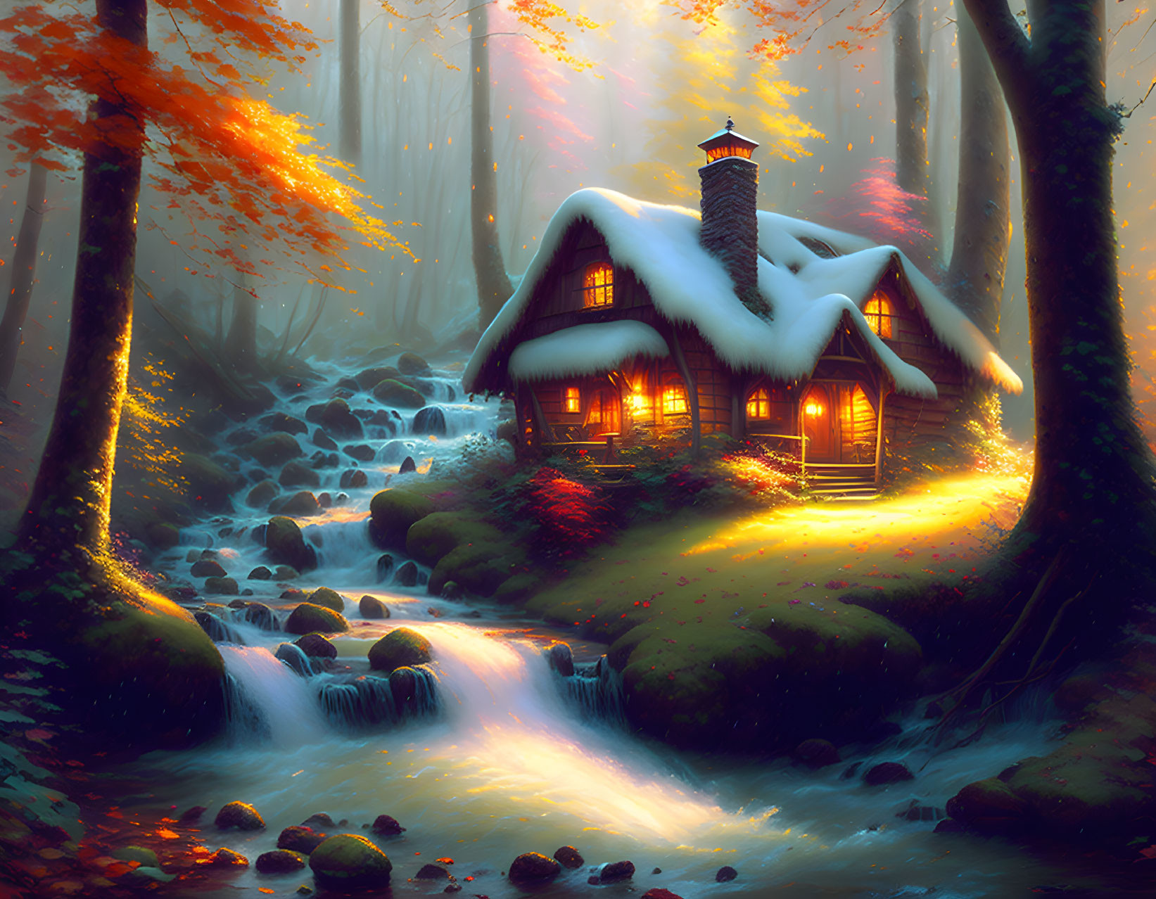 Cozy illuminated cottage by stream in misty autumn forest