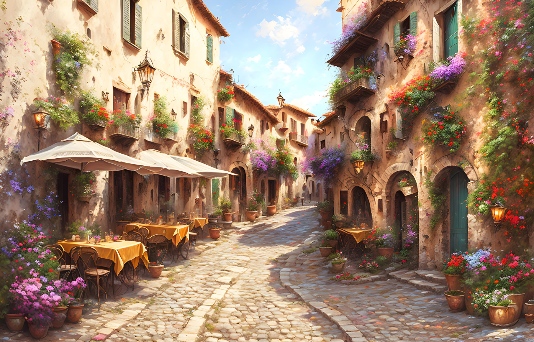 Colorful Flowers and Cobblestone Street with Outdoor Café Tables