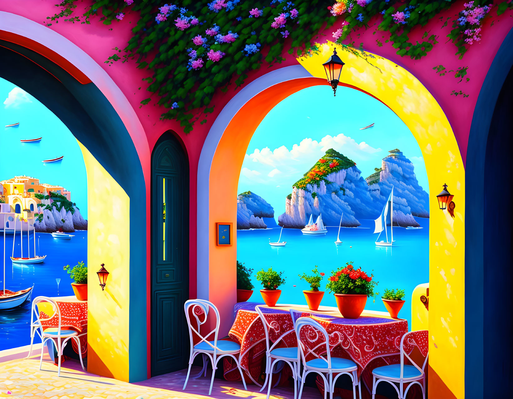 Colorful Coastal Scene with Archway, Flowers, Boats, and Blue Water