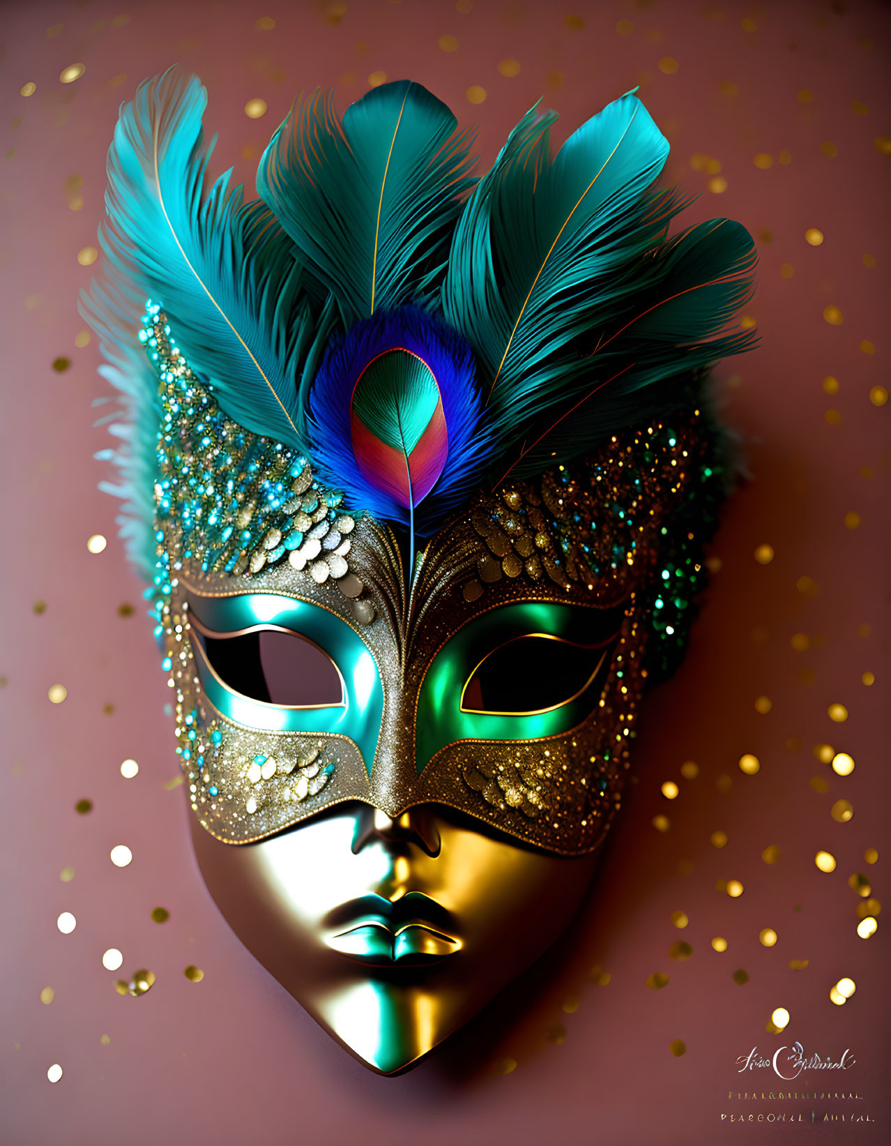 Intricate Golden Masquerade Mask with Peacock Feathers on Pink Background