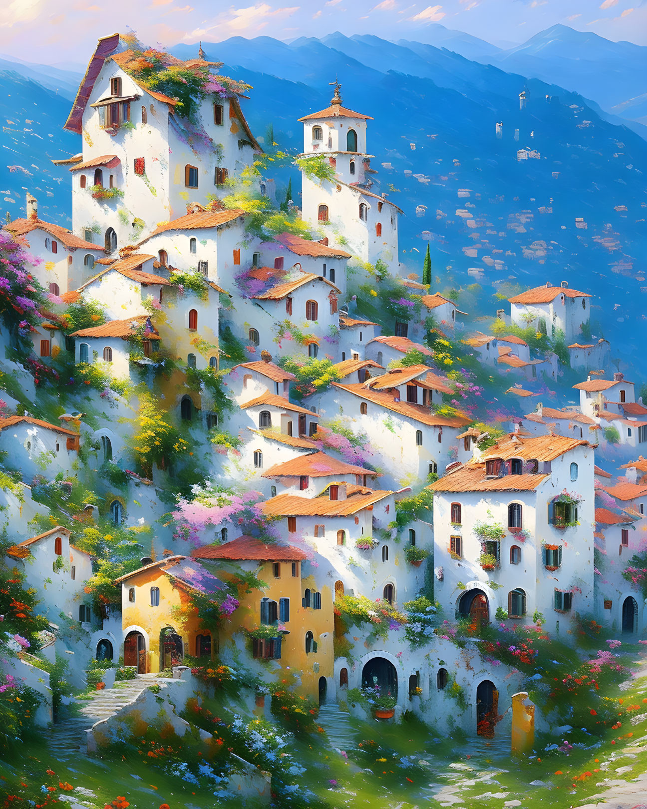 Scenic hillside village with colorful houses and blue sky