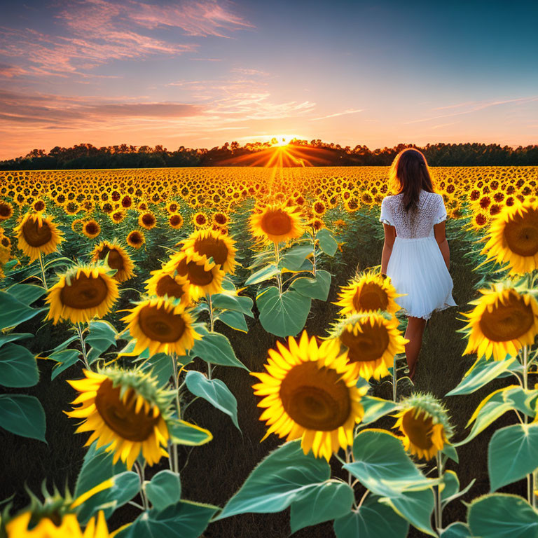 Woman in white dress surrounded by sunflowers at sunset in a field