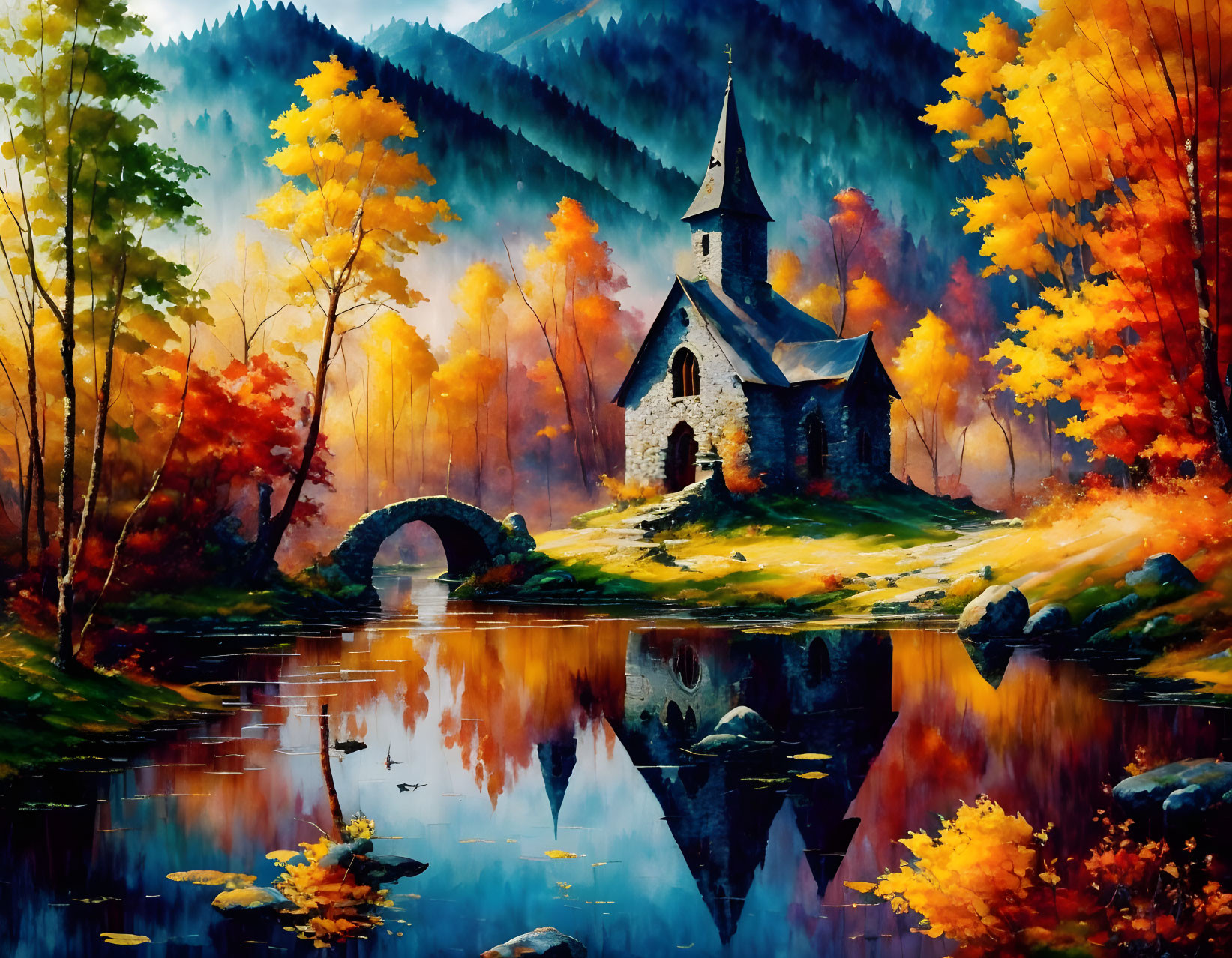 Stone church by calm river in autumn scene with colorful trees and misty sky