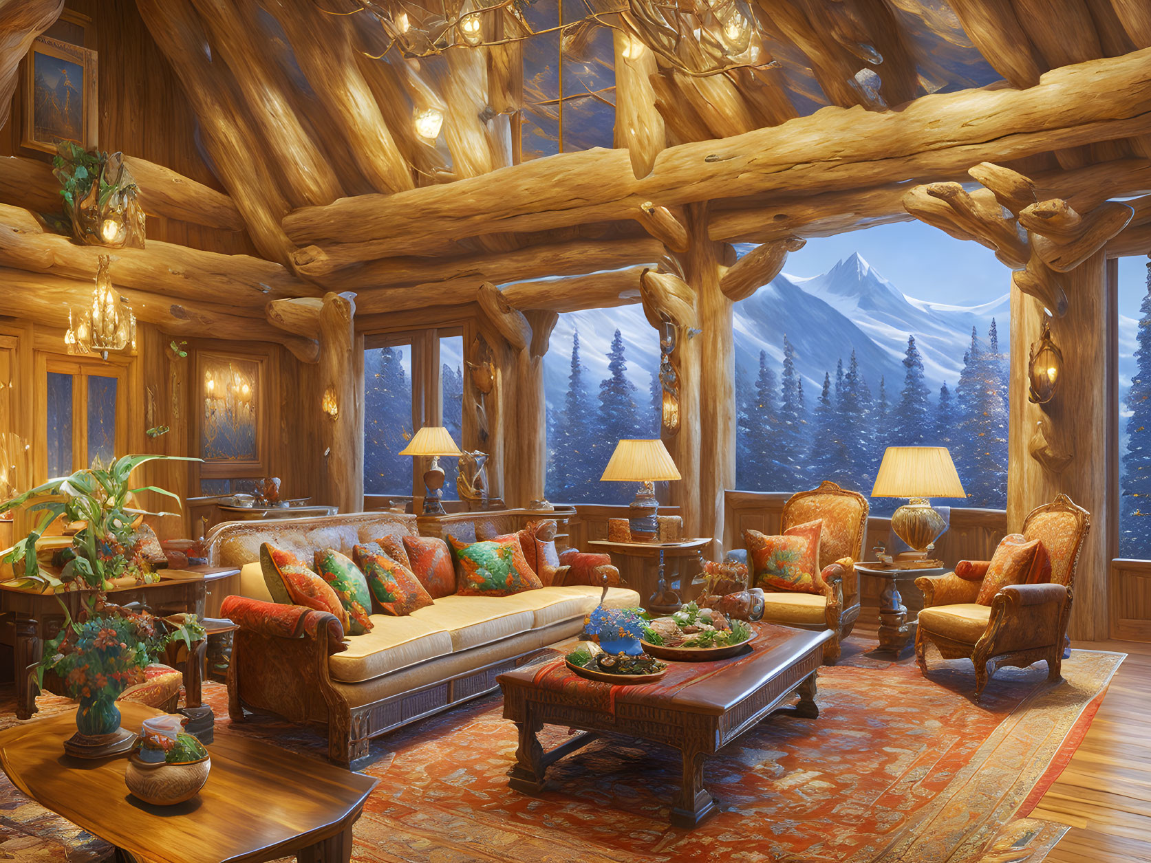 Cozy Log Cabin Interior with Plush Sofas and Mountain View