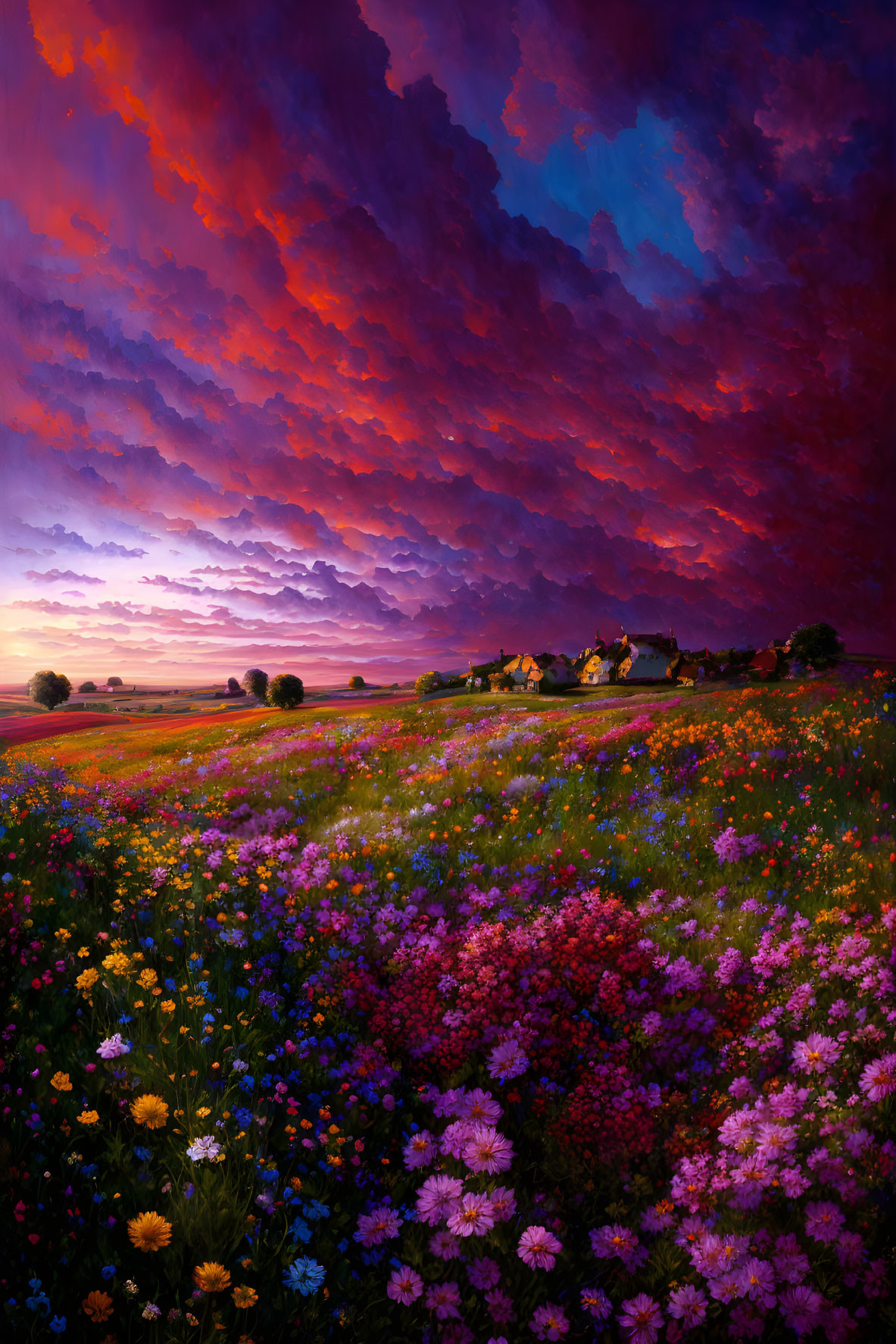 Sunset painting of flower-filled meadow with cottage & dramatic sky