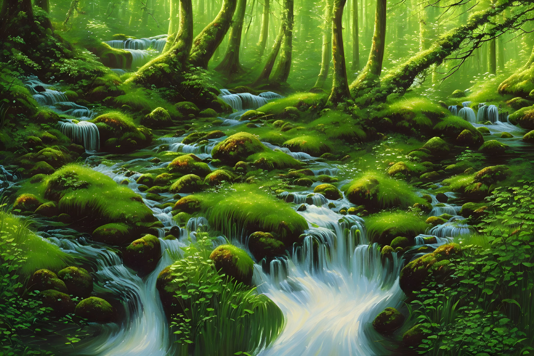 Serene forest scene with cascading waterfalls and mossy rocks