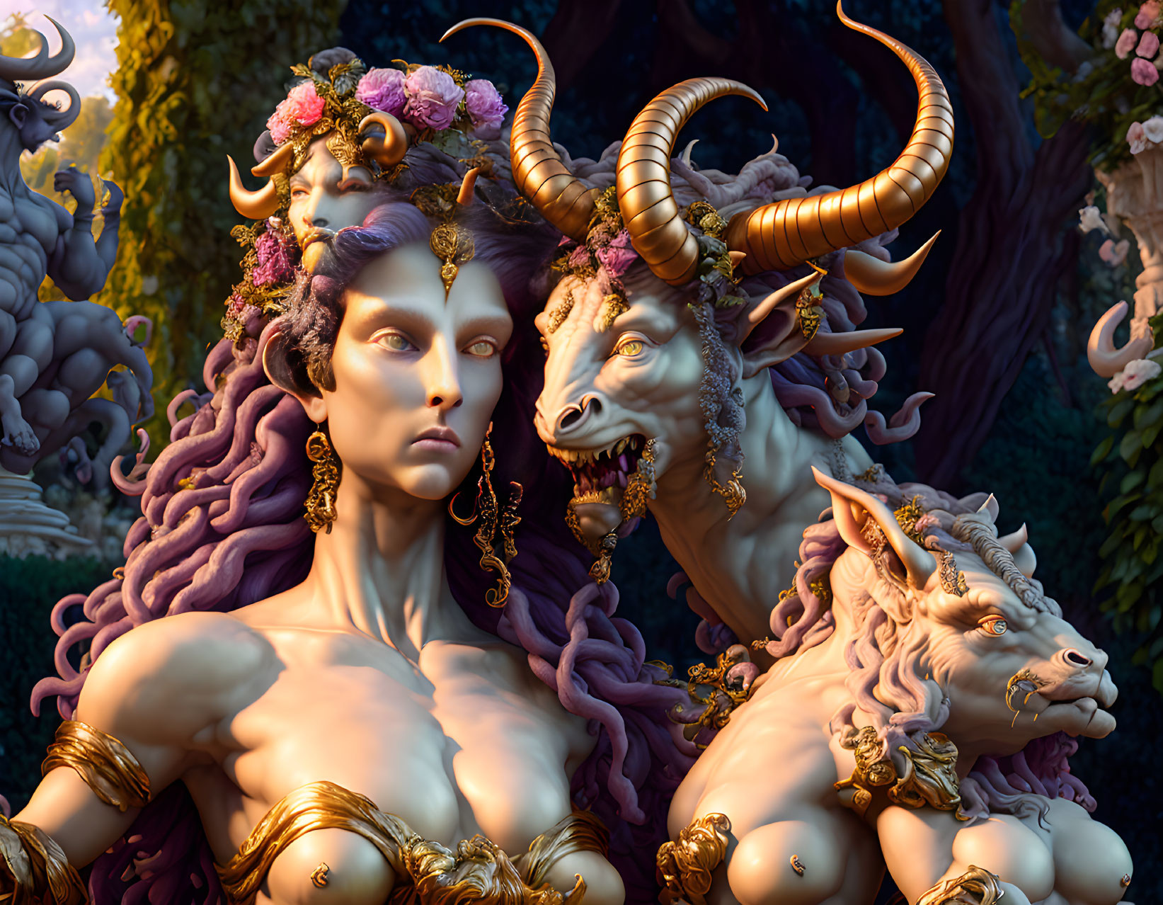 Mythological sculpture of woman with purple hair and ram-headed creatures