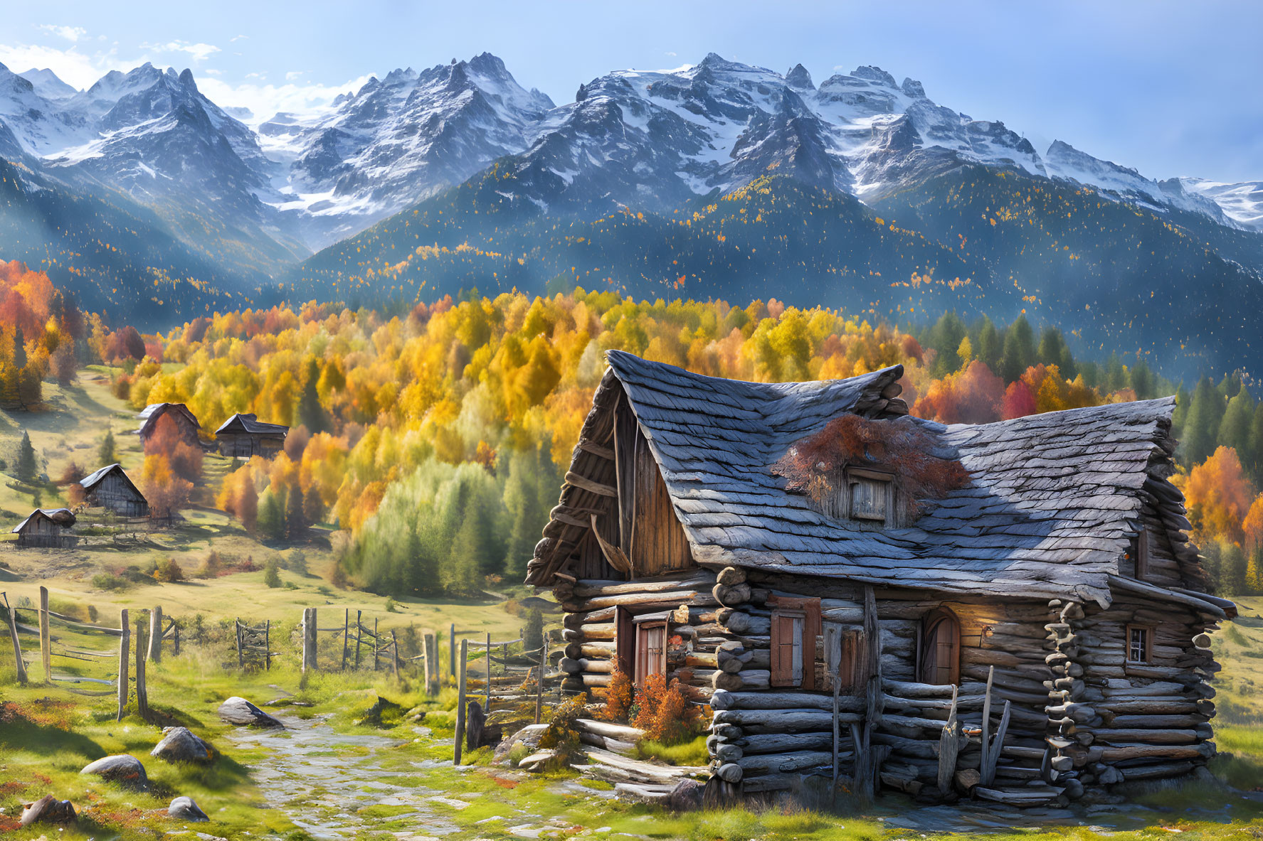 Rustic log cabin in autumn valley with thatched roof