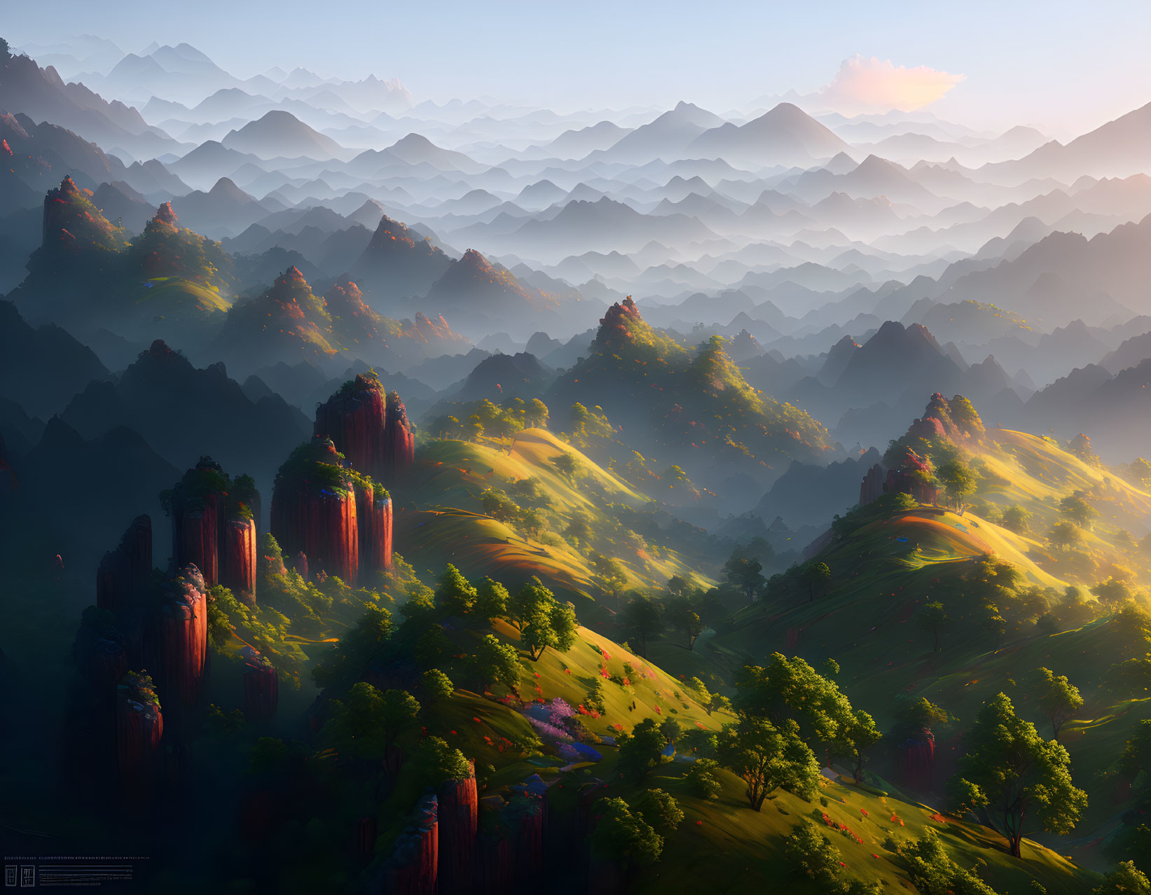 Misty Mountains and Colorful Flora in Tranquil Landscape