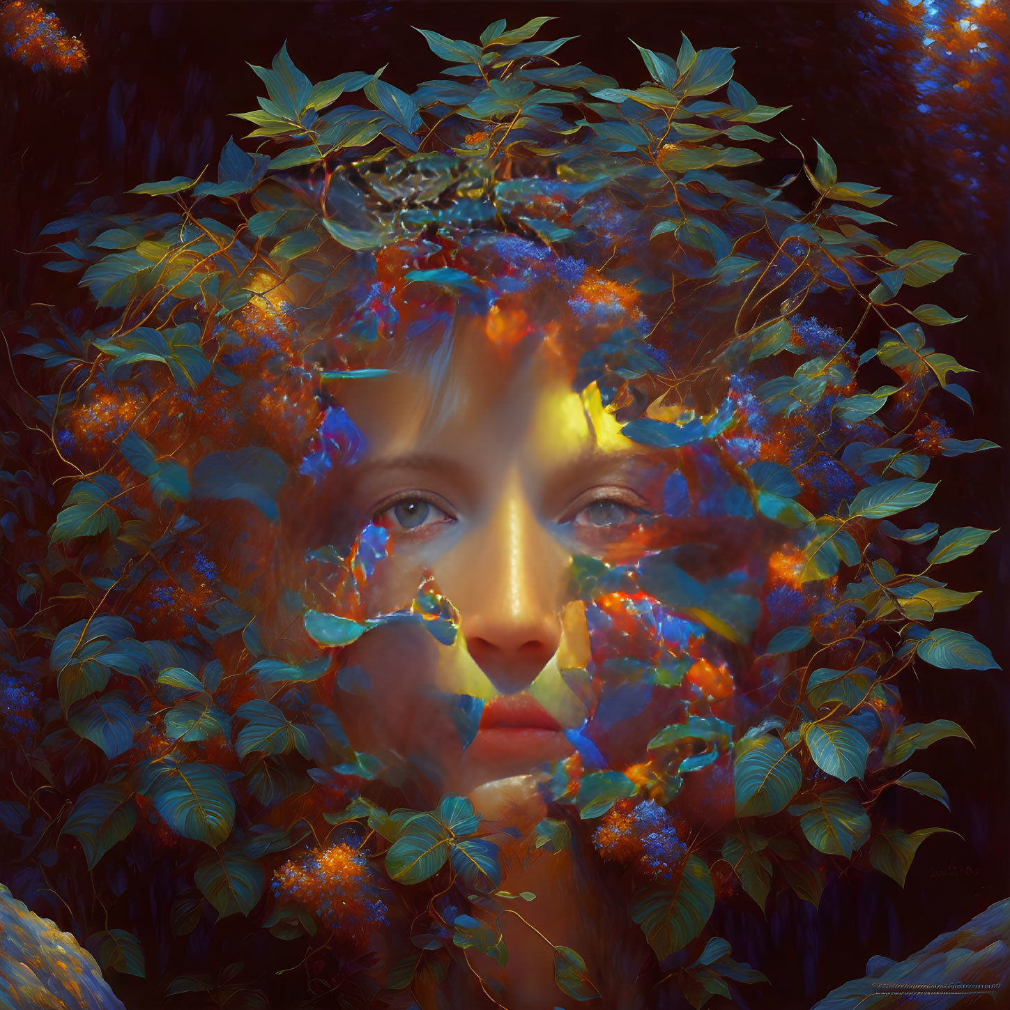 Woman's face in vibrant foliage and flowers: a surreal composition