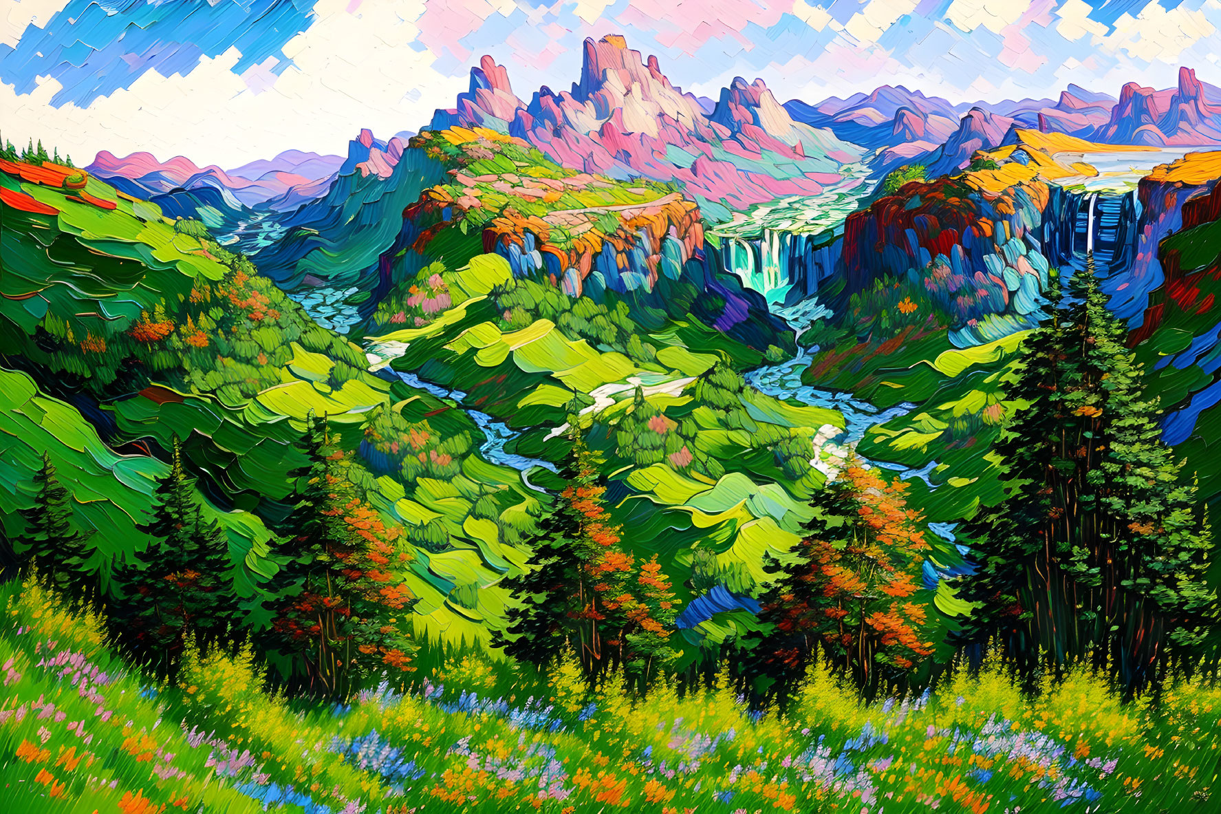 Vivid stylized landscape with lush greenery and waterfalls