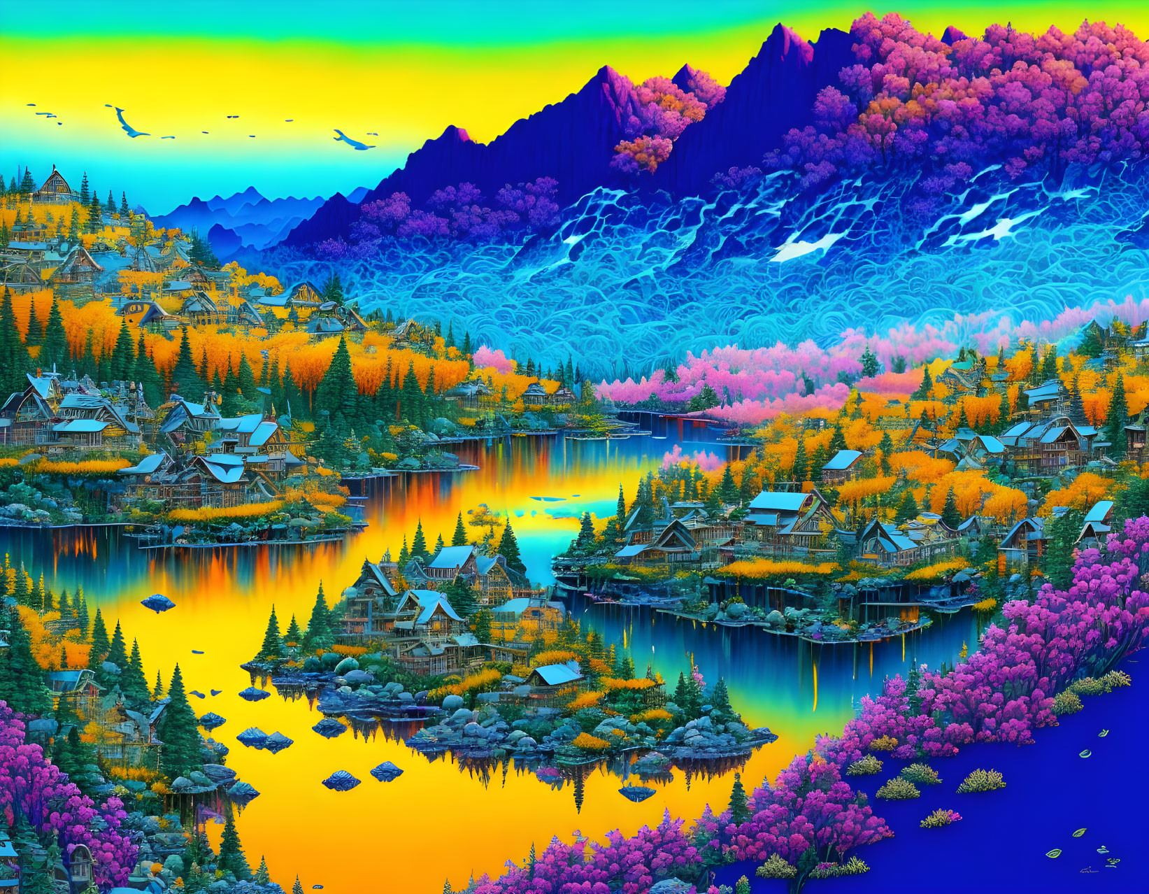 Colorful Illustration: Fantastical Village by Reflective Lake