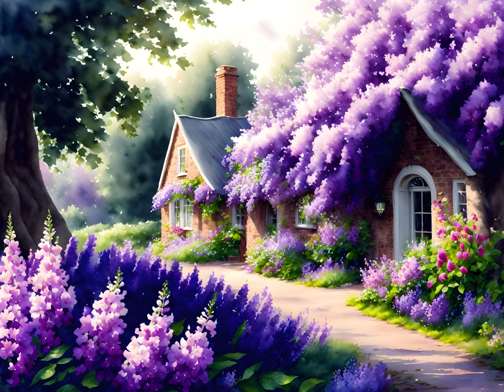 Thatched roof brick cottage with purple wisteria in garden