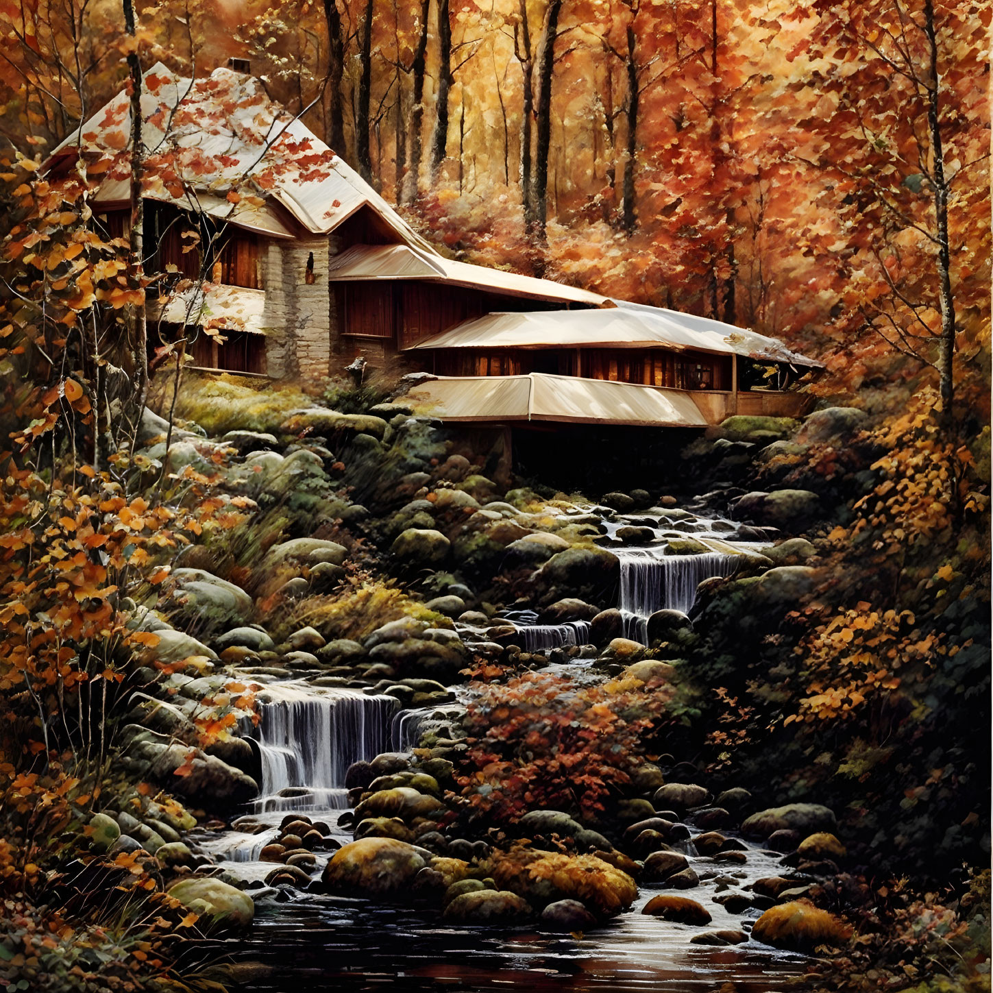 Tranquil autumn cabin by stream amid colorful trees