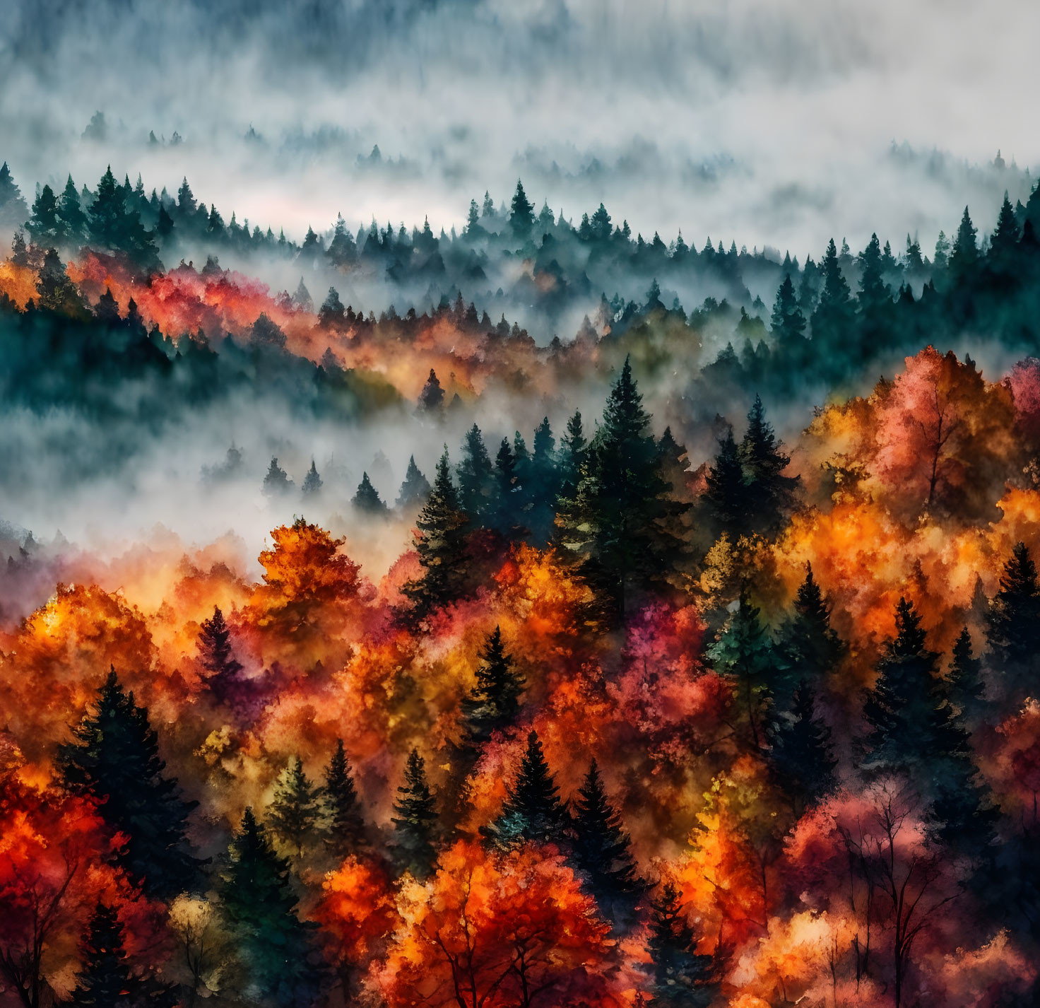 Colorful Trees in Misty Autumn Forest