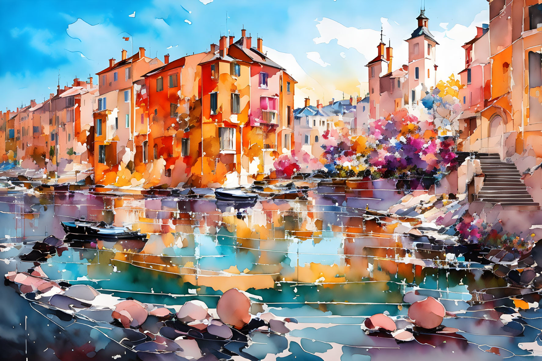 Vibrant Watercolor Painting: Canal Scene with Reflections, Boats, and Bright Buildings
