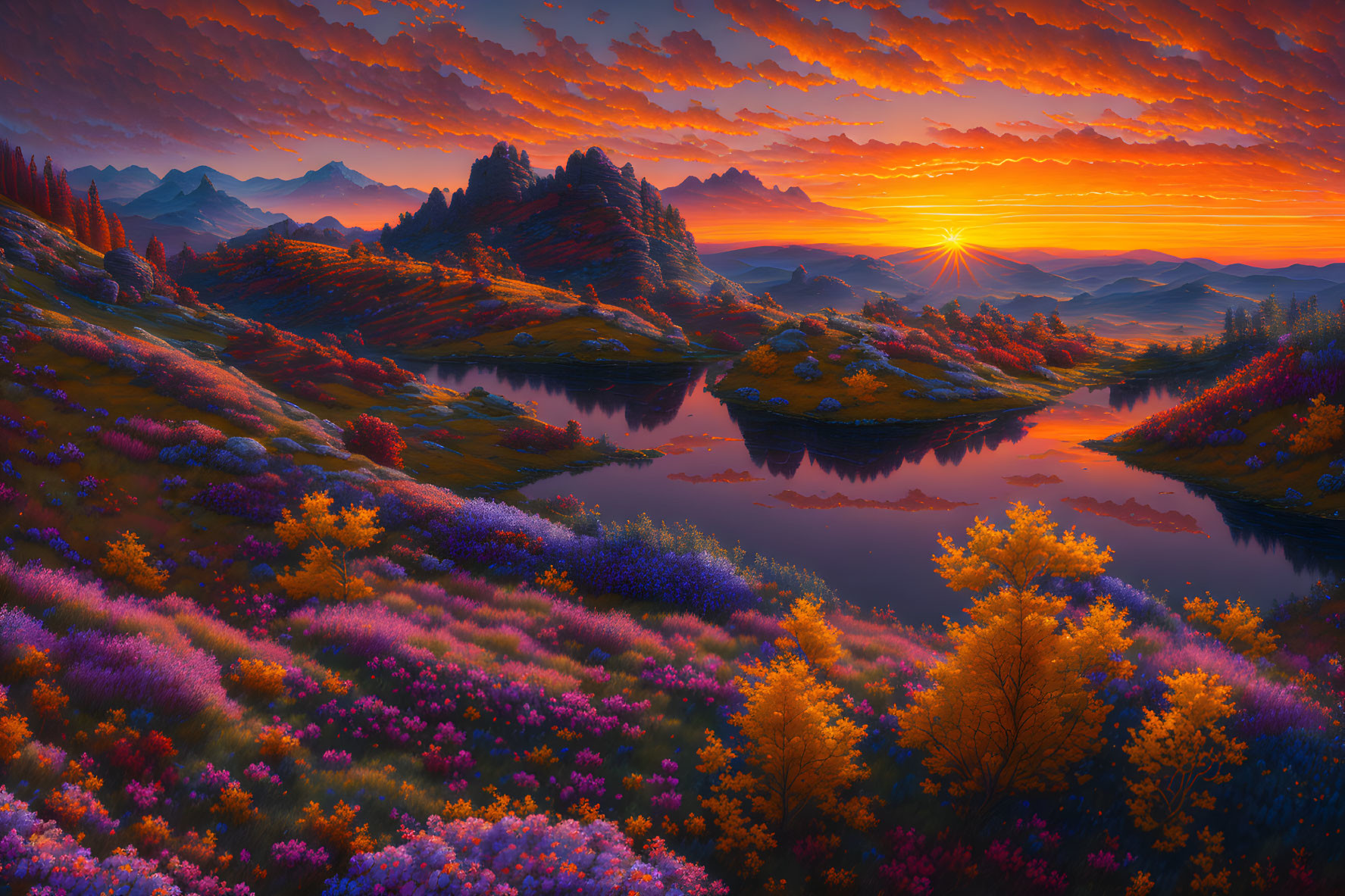 Colorful Sunrise Painting with Flora, Lakes & Mountains