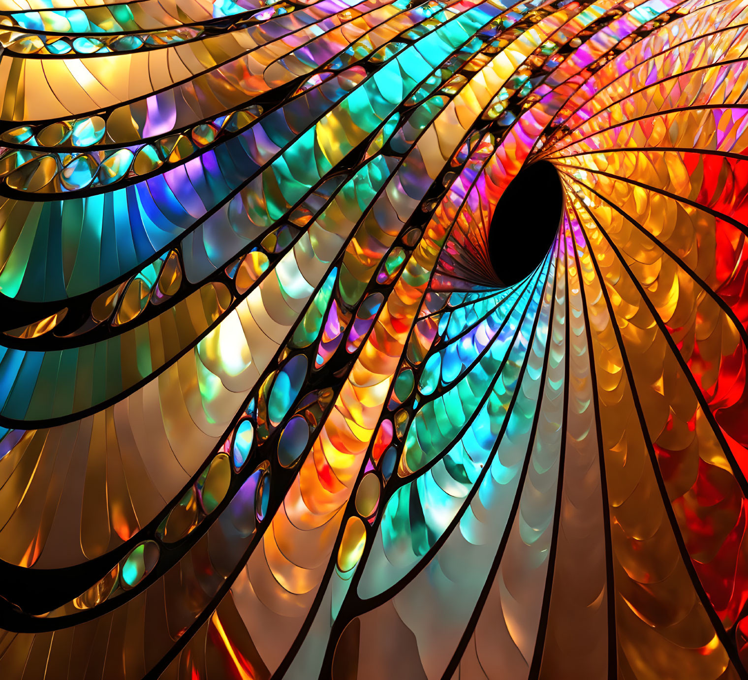Fractal tunnel digital art with iridescent colors and spiraling pattern