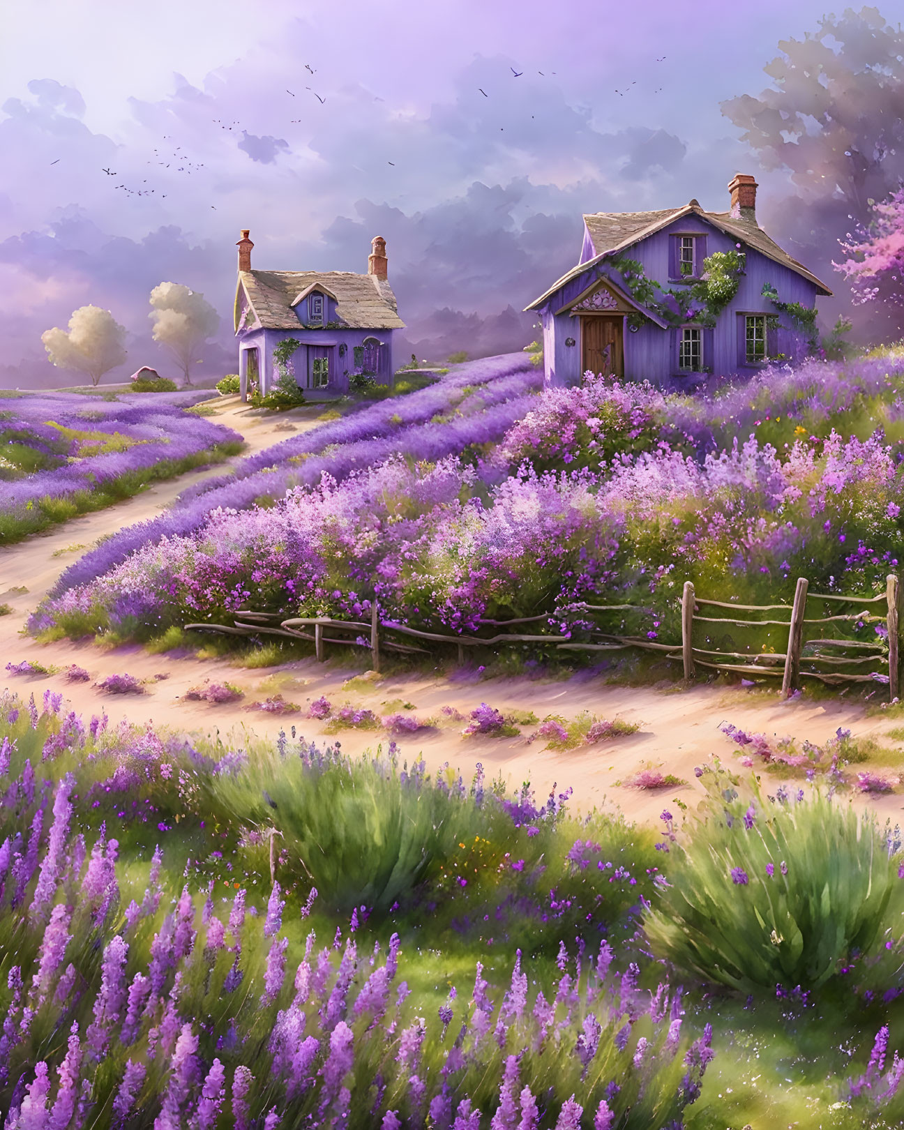 Pair of cottages in lavender field under purple sky with birds.