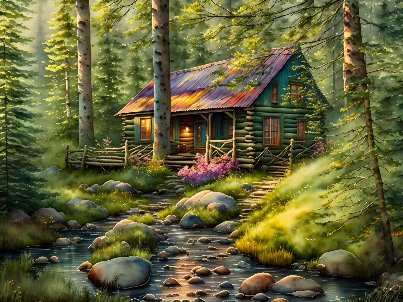 Tranquil forest scene: cozy log cabin, stream, trees, rocks, warm glow at dusk