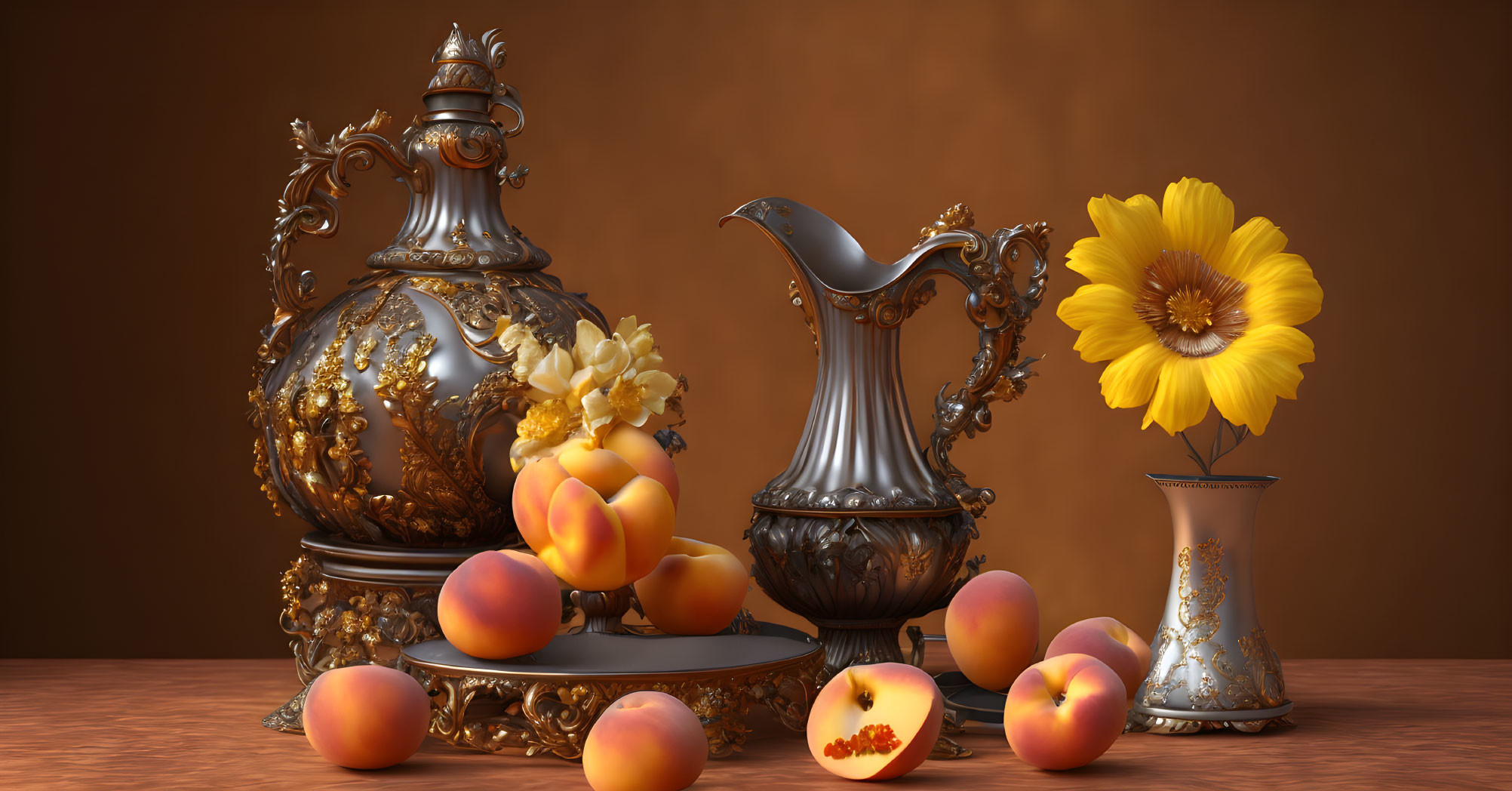 Victorian still life with urn, pitcher, vase, peaches, and yellow flower