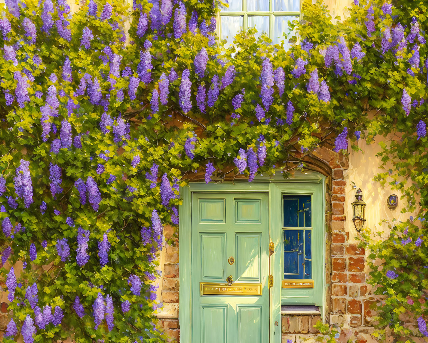 Brick wall with light blue door and purple wisteria blooms