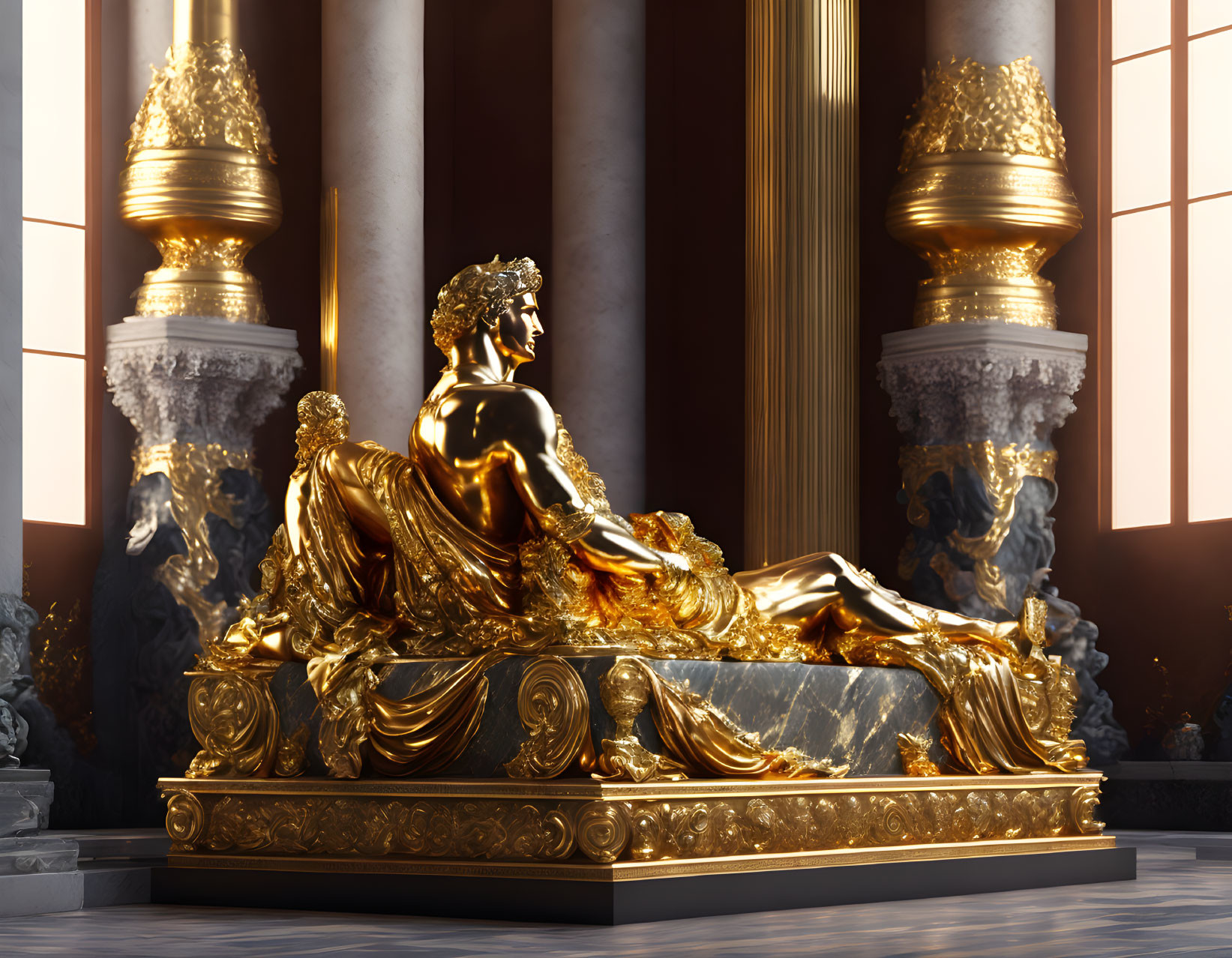 Golden reclining figure statue in opulent hall with ornate columns, vases, and sculptures