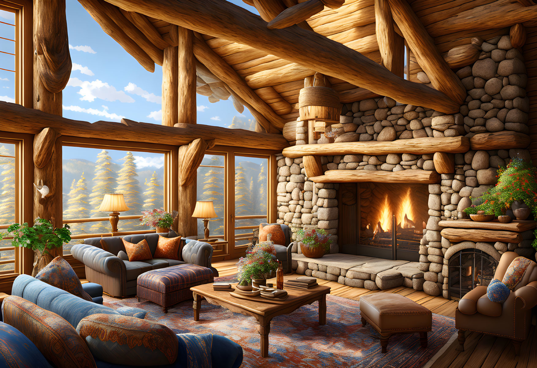 Rustic log cabin interior with fireplace, sofas, beams, & forest view