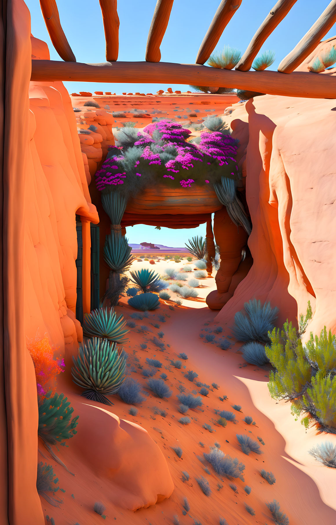 Colorful desert scene with natural arch, blue sky, purple flowers, and orange sand formations