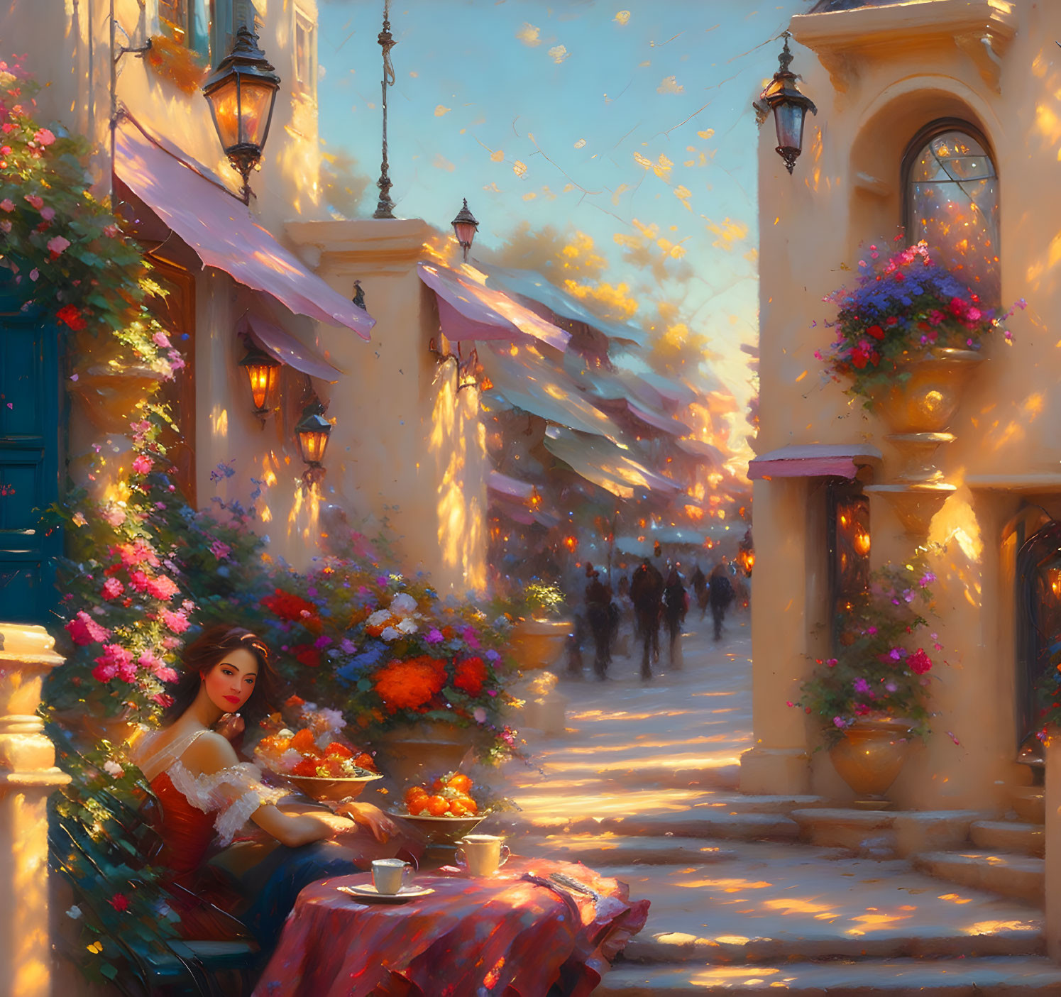 Woman at street cafe surrounded by vibrant flowers and people under warm golden-hour glow