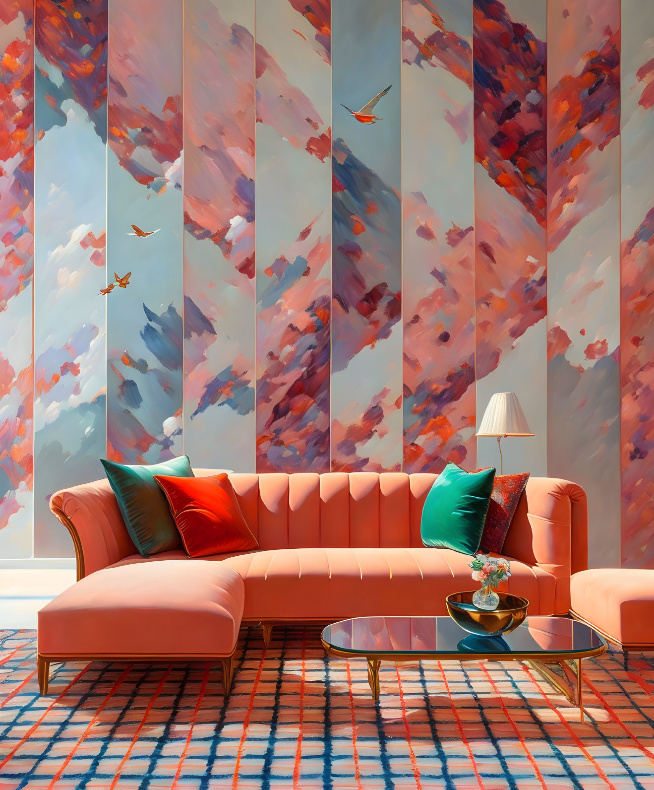 Colorful Abstract Sky Mural in Vibrant Living Room