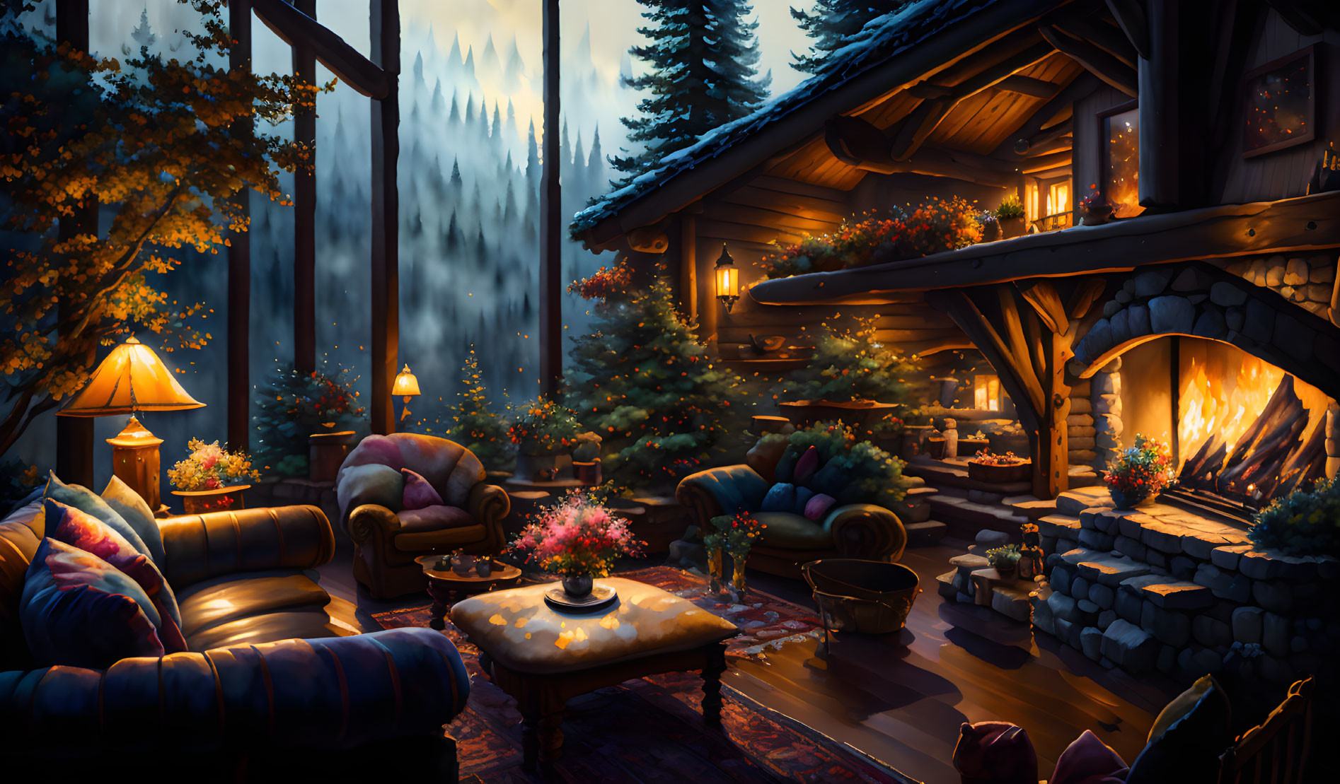 Cozy Cabin Interior with Roaring Fireplace and Christmas Trees