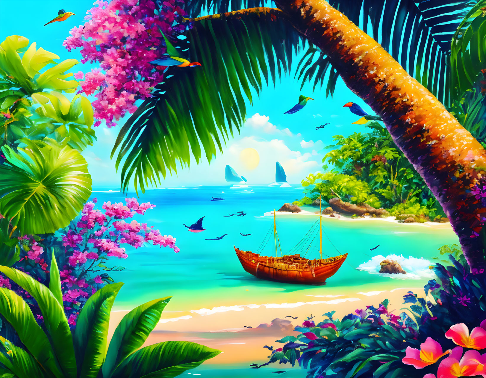 Tropical beach scene with wooden boat, lush foliage, birds, flowers, and rock formations